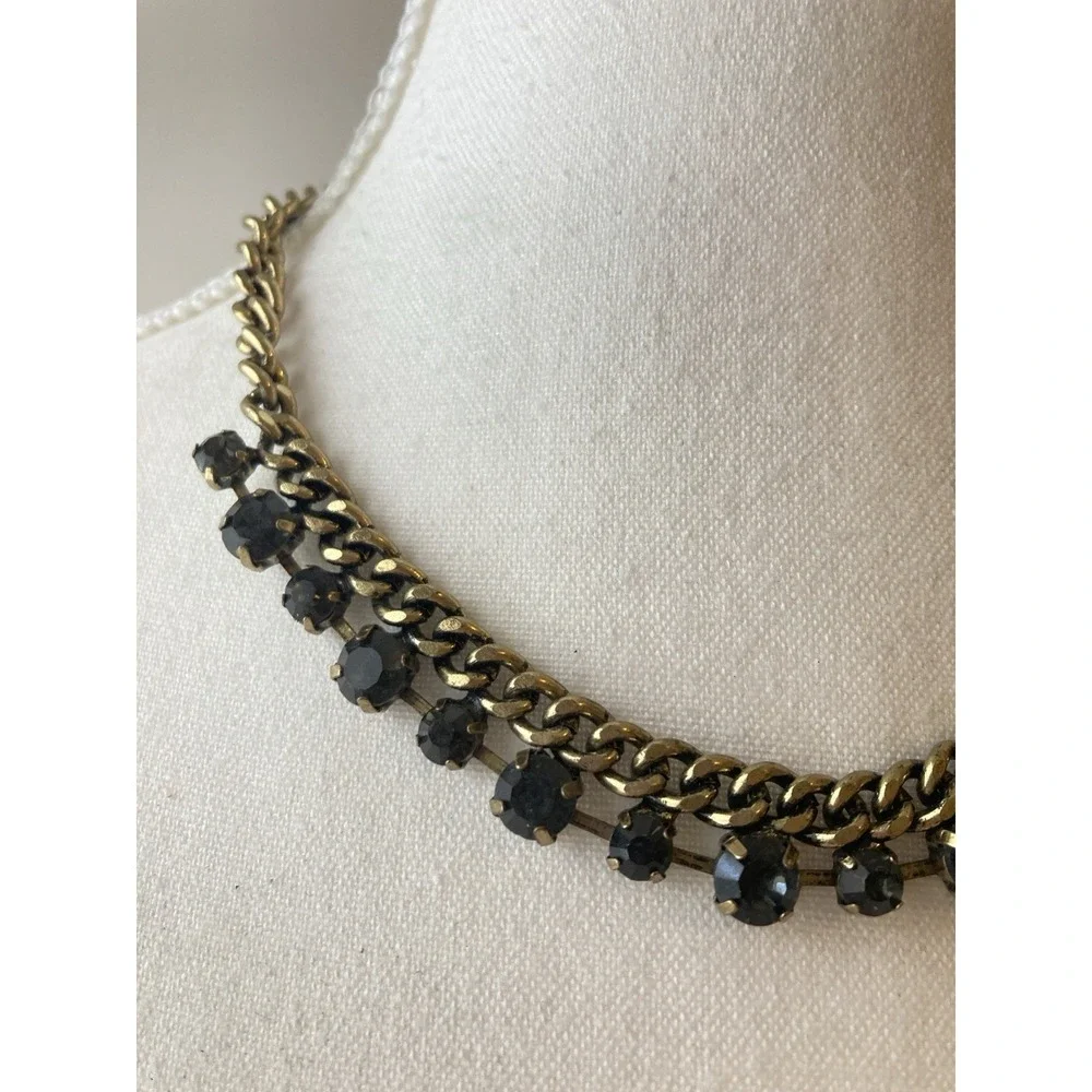Gold Tone Curb Chain Necklace Charcoal Grey Rhinestone Statement‎ Collar Couture